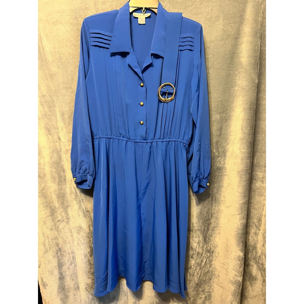 Hana Sung Blue Midi Dress Gold Buttons Belt Accent Pleated Vintage Korea Size 10
